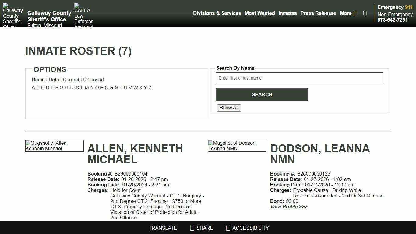 Inmate Roster - Released Inmates - Callaway County Sheriff's Office, Missouri