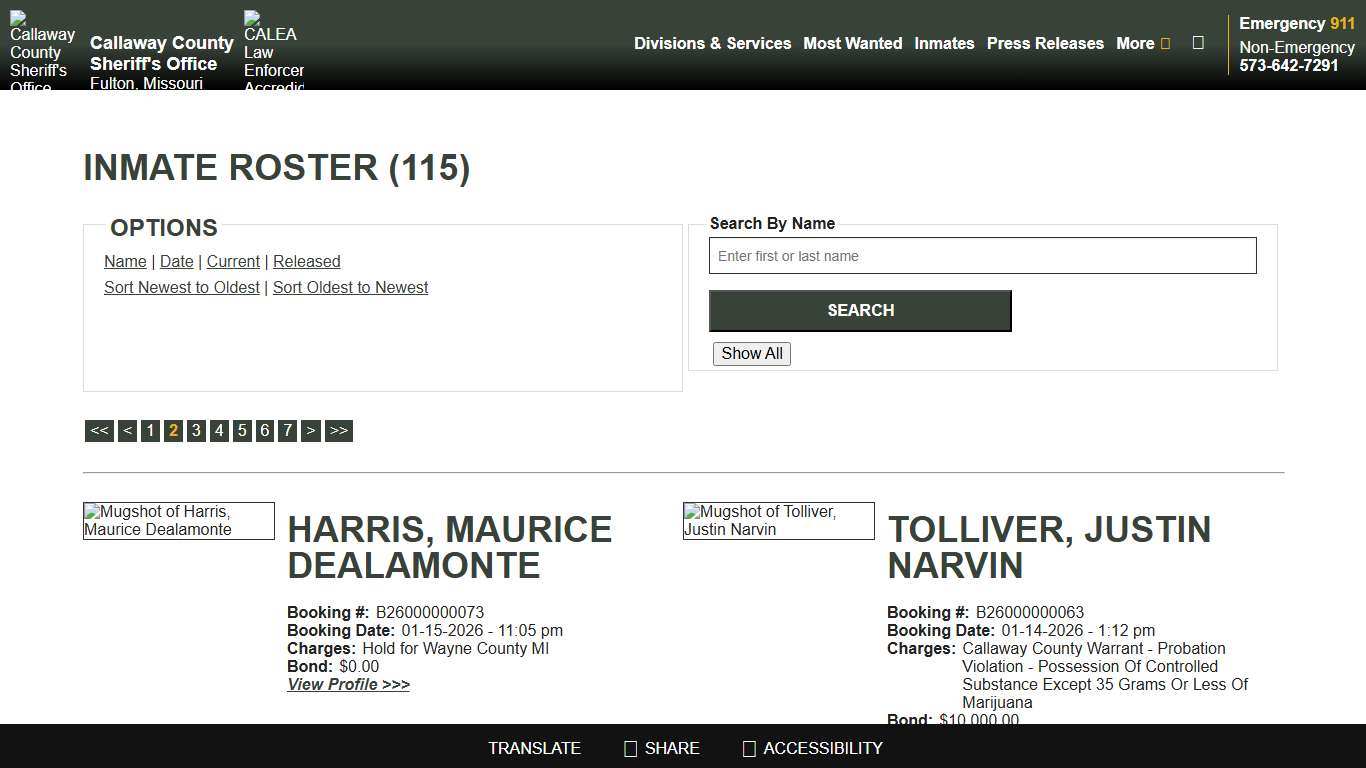 Inmate Roster - Page 2 Current Inmates Booking Date Descending - Callaway County Sheriff's Office, Missouri